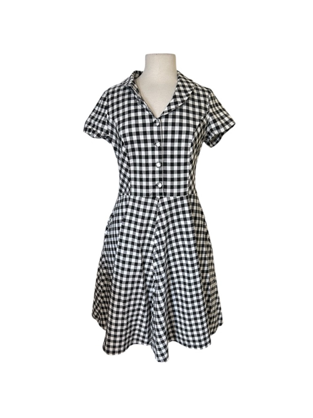 Gown Town Black White Gingham A Line Dress Circle Skirt Women's XL Collared